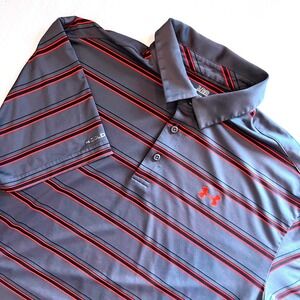 Under Armour Mens HeatGear Polo Grey Orange Striped Golf Athletic XL Loose Fit